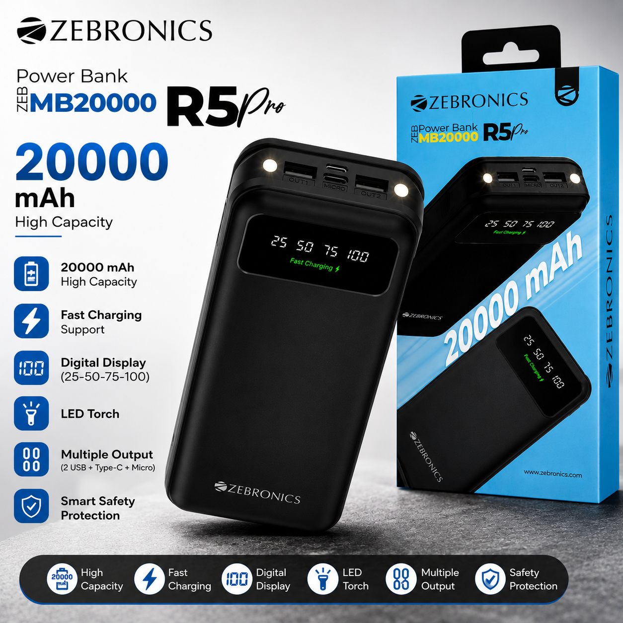 Zebronics ZEB-MB20000 R5 Pro 20000mAh Fast Charging Power Bank with Digital Display, Dual USB Output, Type-C Input & LED Torch (Black)